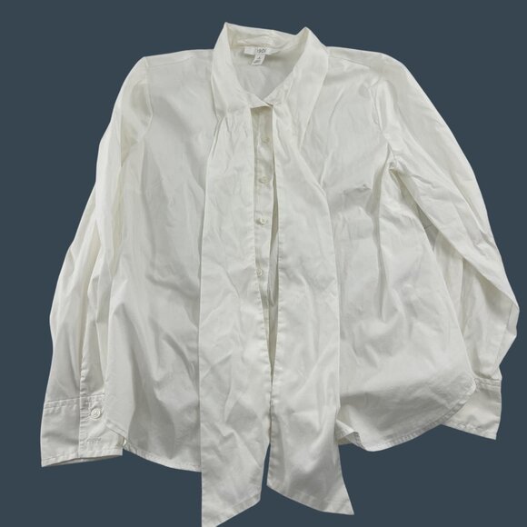 1901 Women's White Button-Up Blouse With Tie Neck S Petite Long Sleeve - Picture 1 of 5